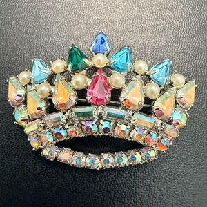 VTG B. David Attribution Aurora Borealis Crown Tiara Brooch Dress Clip Unsigned